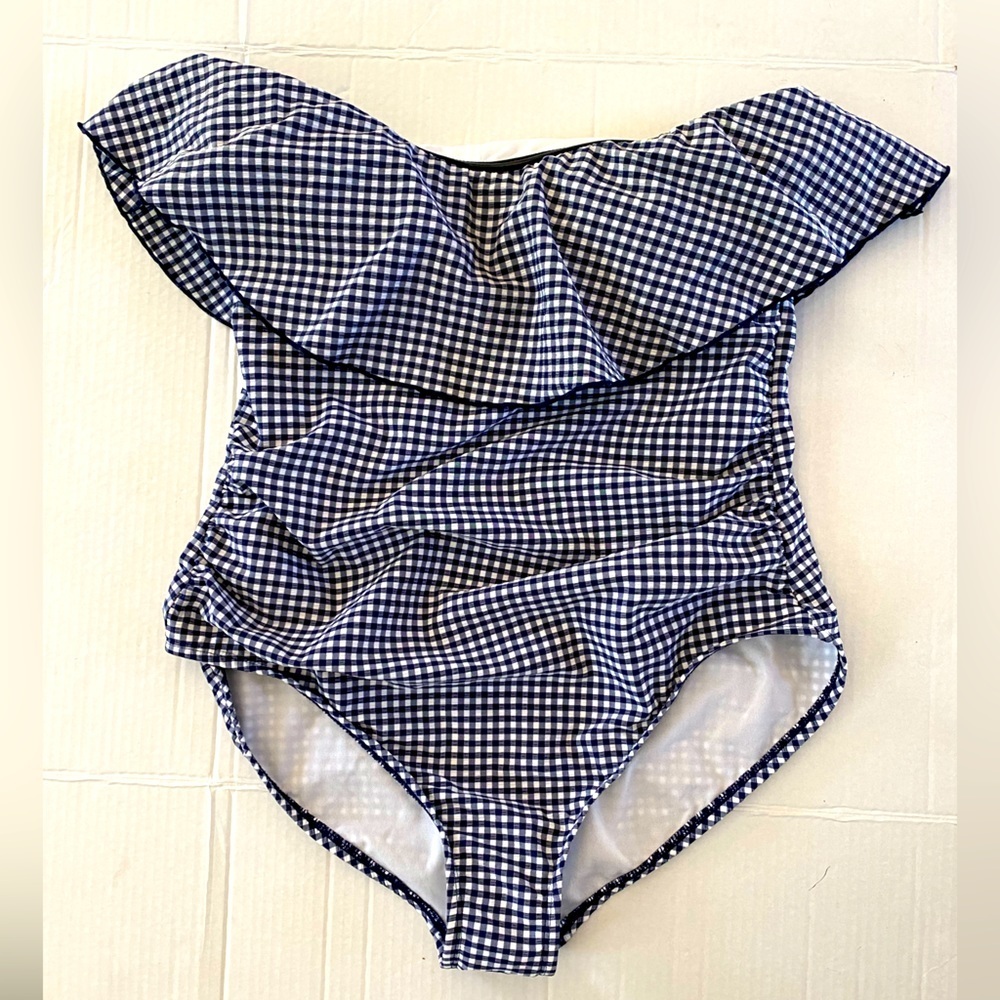 Kona Sol Blue Bandeau Flounce Front Ruched High Coverage 1-Piece Swimsuit Size L - Picture 5 of 11